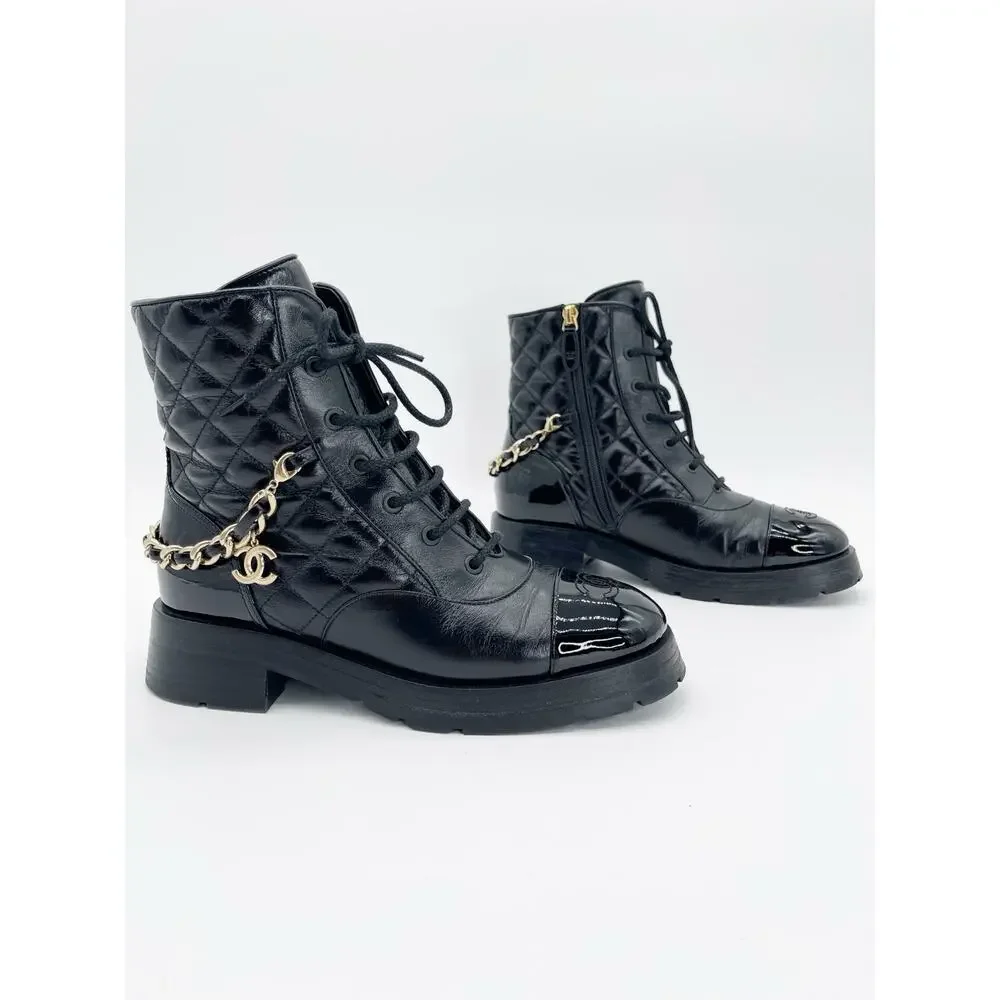 Chanel Black Quilted Patent Cap Toe Leather CC Chain Ankle Combat Boots EU 39.5
